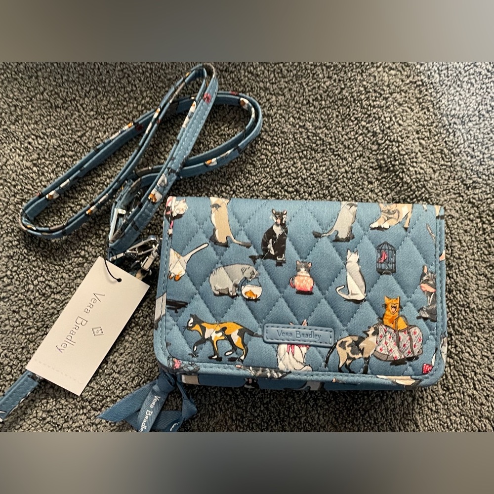 Vera Bradley Cat’s Meow RFID 3 In One Crossbody Bag Wallet Blue Cats